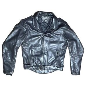 Vintage Bullskin Traditional‎ Black Leather Belted Motorcycle Quilted Jacket 44